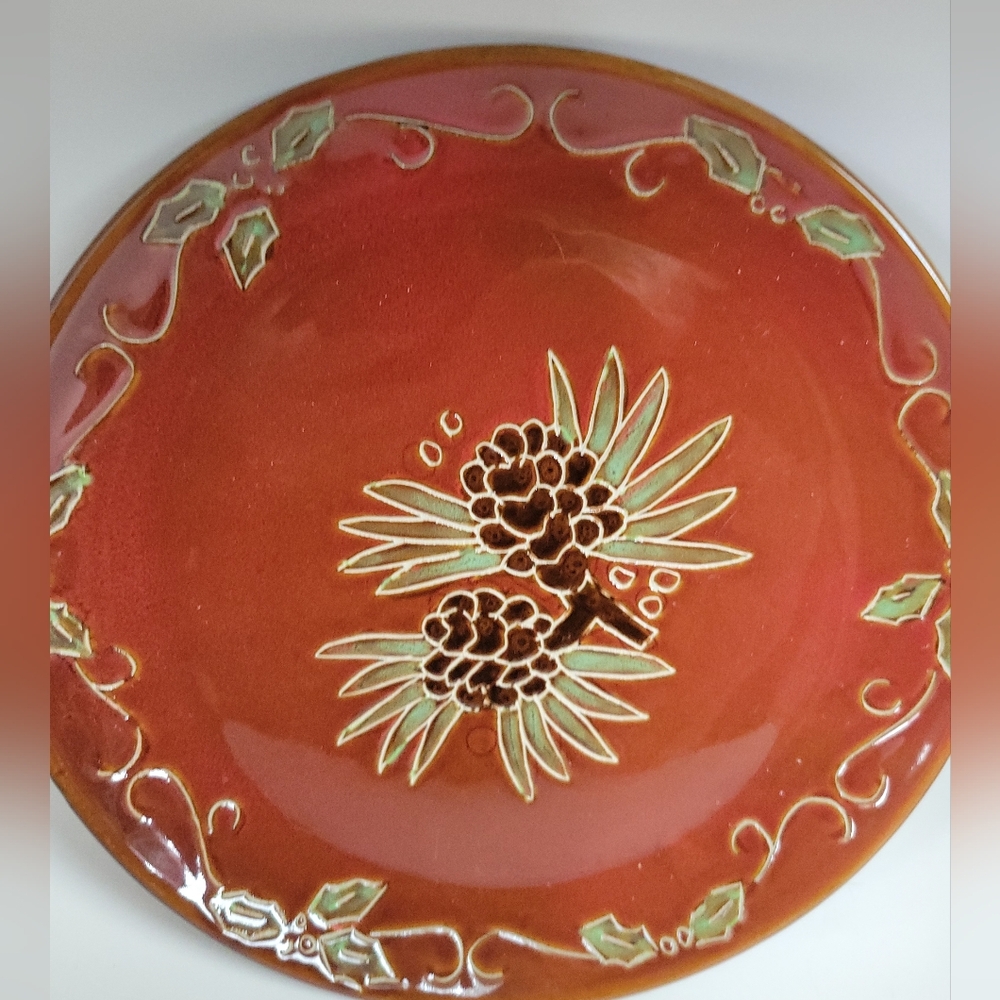 Tii Collections Ceramic 11” Plate Brown/Red Glazed Pinecone Lodge